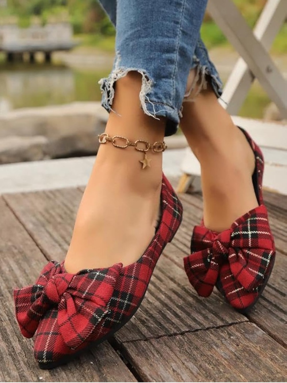 Red Plaid Bow Pointed Toe Flats - Women's Casual Slip-Ons